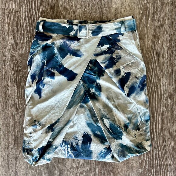 EUC Pauw Amsterdam Navy and Grey Belt Pleated 100% Cotton Bubble Women's Skirt 6